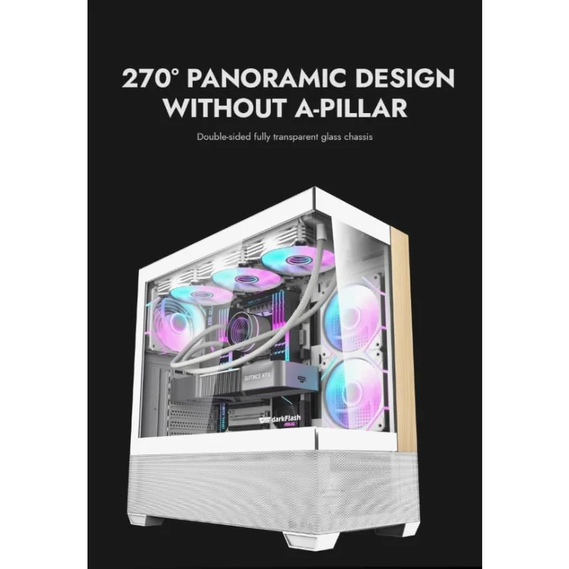darkFlash DS900 Air 270° Panoramic ATX Gaming Case with 6 Pre-Installed ARGB Fans – White