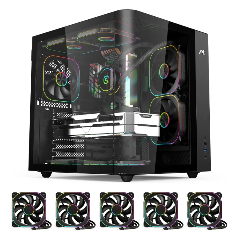 TORTOX Curvo Mini Curved Tempered Glass Gaming Case with 5 Pre-Installed Infinity ARGB Fans – Black