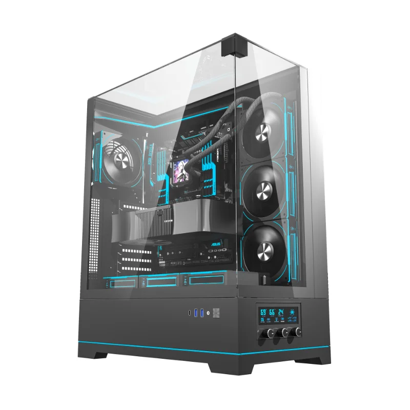 darkFlash DY450L Pro ATX Gaming Case with Temperature Display & 4 Cyan Fans