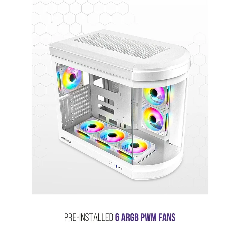 TORTOX Vidrio Curved Glass ATX Gaming Case with 6 ARGB PWM Fans – White