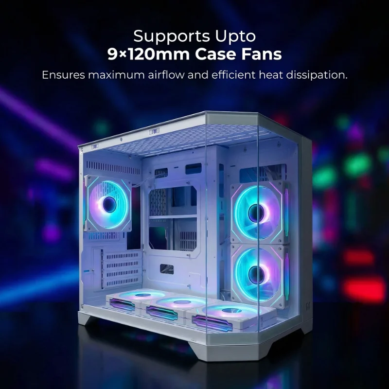 TORTOX Prism Neo Triple-Glass M-ATX Gaming Case with 6 ARGB Fans – White