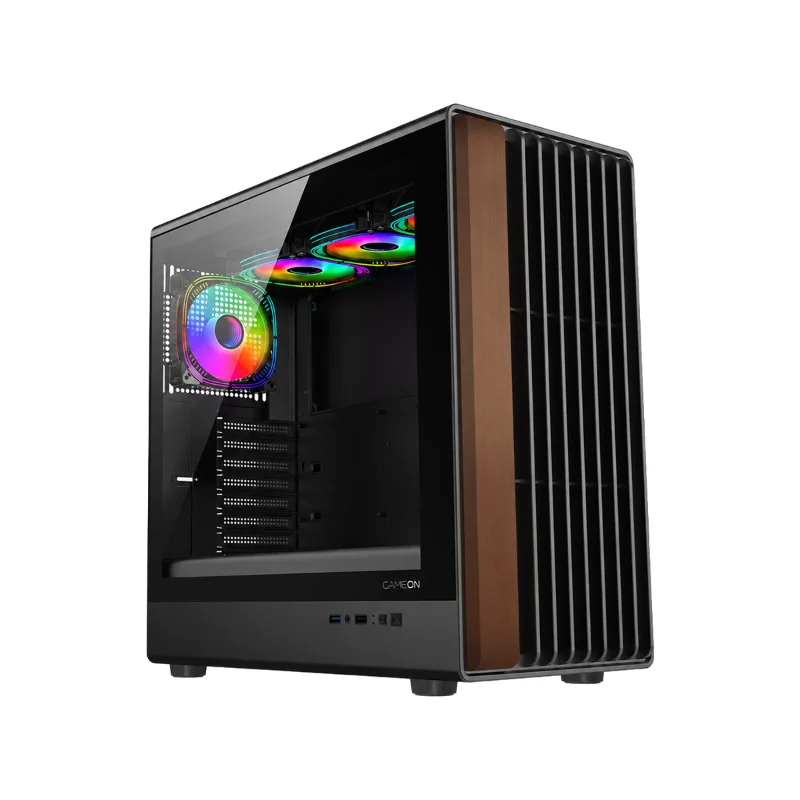 GAMEON Timber Midnight ARGB+PWM Mid-Tower Gaming Case with 7 Fans – Wood/Black | GO-TIMBER-M
