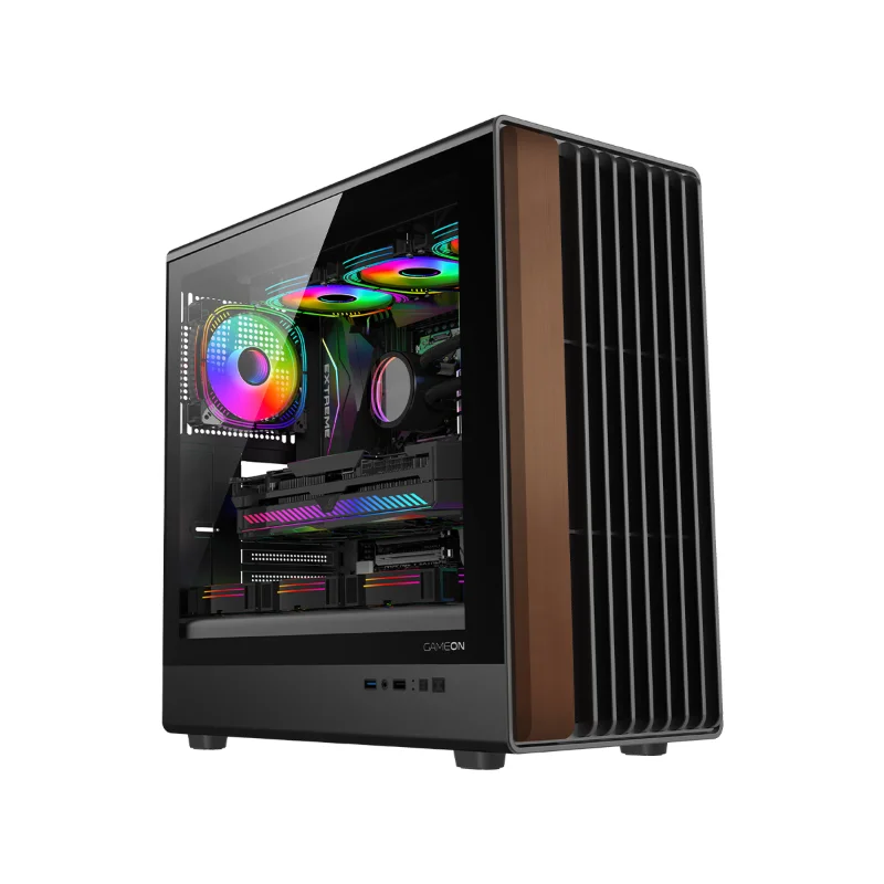 GAMEON Timber Midnight ARGB+PWM Mid-Tower Gaming Case with 7 Fans – Wood/Black | GO-TIMBER-M